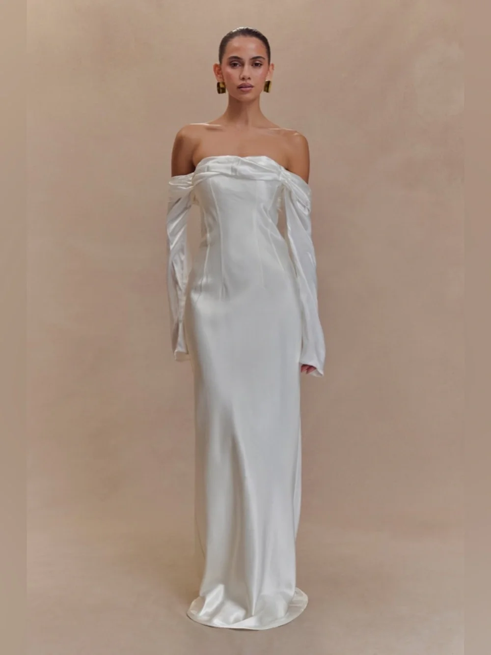 Meshki Giselle Off Shoulder Cowl Neck Maxi Dress - White